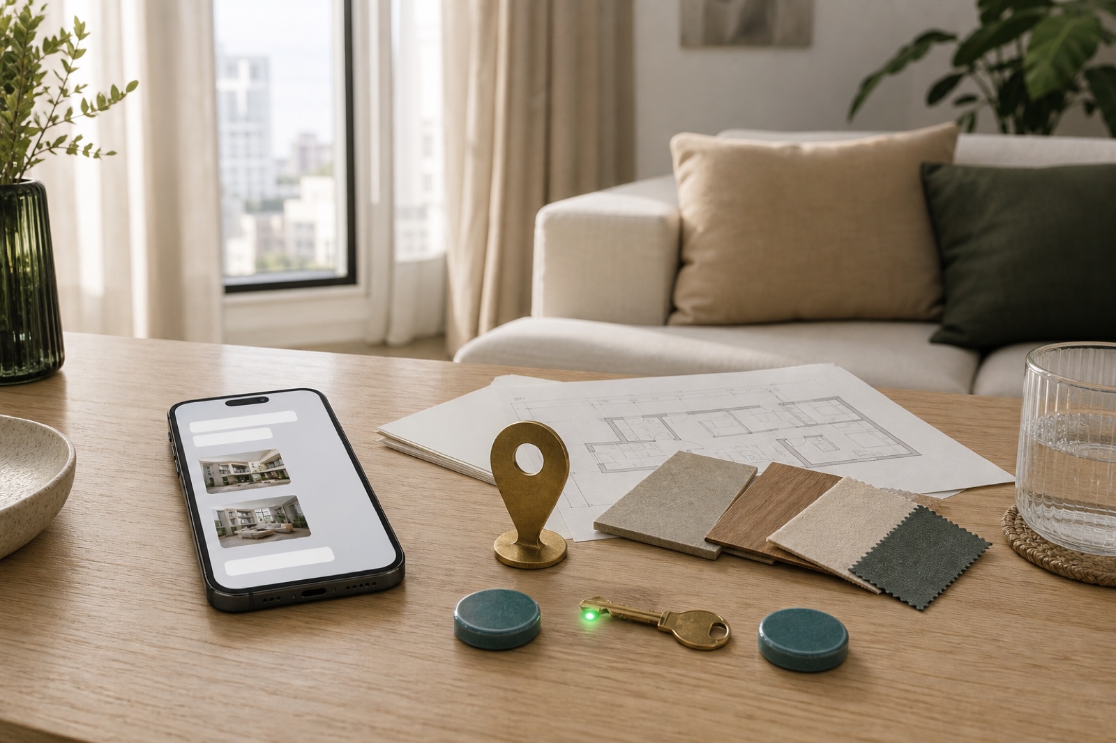 A phone, home options, preferences and a shared key show a private home search.